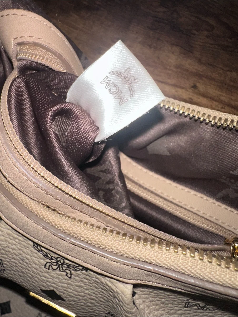 MCM Visetos Hobo Shoulder Bag Beige Cognac Leather Gold Hardware Padlock Key